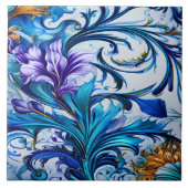 青鮮やかと紫のアクセントを持つフローラデザイン タイル (正面)