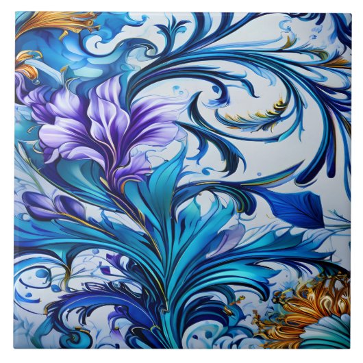 青鮮やかと紫のアクセントを持つフローラデザイン タイル (正面)