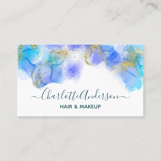 青鮮やかと金ゴールドの抽象芸術液体水色 名刺 (正面)