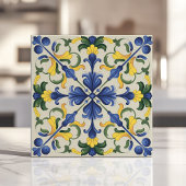 青鮮やかと黄の地中海のフローラ タイル