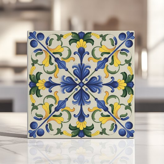 青鮮やかと黄の地中海のフローラ タイル