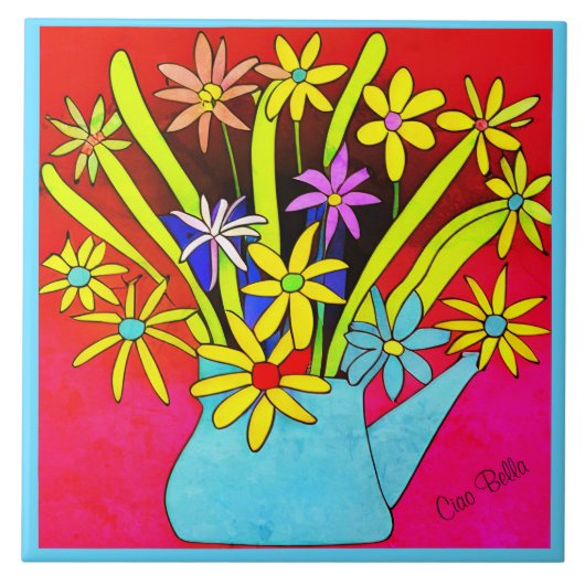 青鮮やかサイケデリックい花瓶の花 タイル (正面)