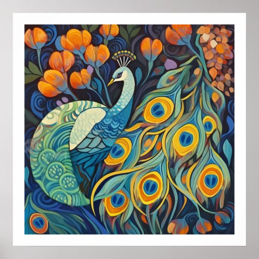 青鮮やか水彩孔雀 ポスター (正面)