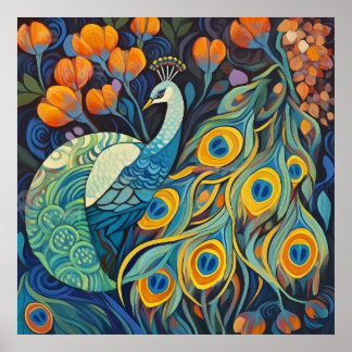 青鮮やか水彩孔雀 ポスター