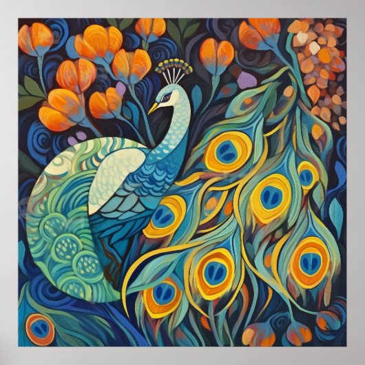 青鮮やか水彩孔雀 ポスター (正面)