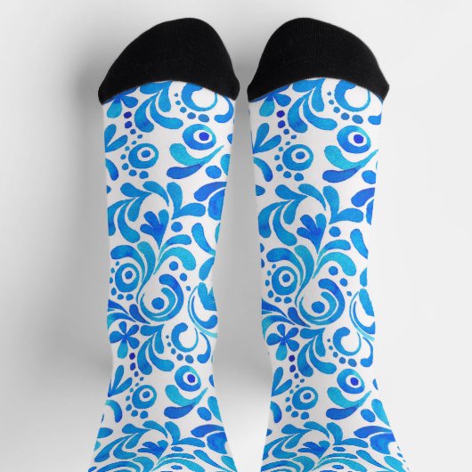 青鮮やか白の水彩植物学 ソックス (上部)