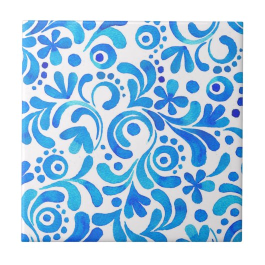 青鮮やか白の水彩植物学 タイル (正面)