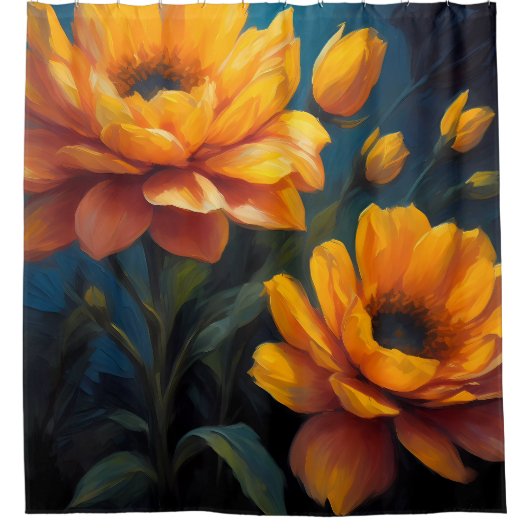 青鮮やか色の黄色いオレンジ色の花 シャワーカーテン (正面)