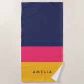 青鮮やか色ピンクイエローカラーブロック ビーチタオル (正面)