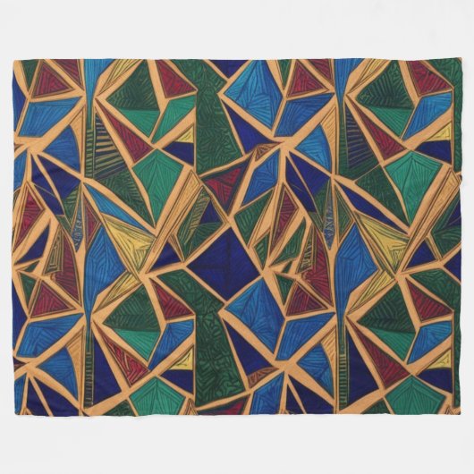 青鮮やか、緑、赤の幾何学的パターン フリースブランケット (正面(横))