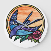 青鳥赤バラのステンドグラスデザイン ラージ壁時計 (正面)