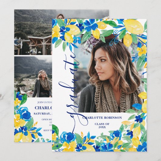 青黄色のレモン 花の筆記体 写真 卒業式 招待状 (正面/裏面)