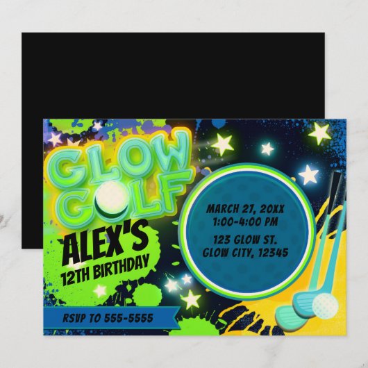 青黄色グローゴルフ 輝く誕生日パーティー 招待状 (正面/裏面)