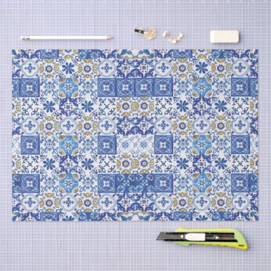 青黄色白のメディテレーニアンモザイクタイル 薄葉紙 (クラフト)