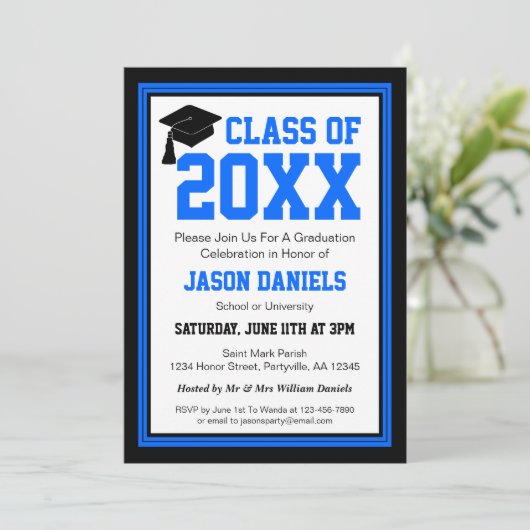 青黒写真卒業パーティー招待状 招待状 (スタンド正面)