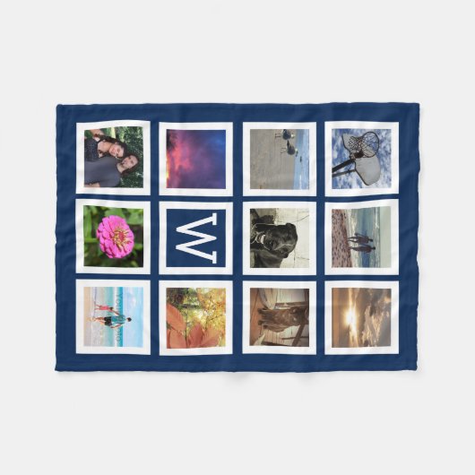 青11の写真のコラージュのモザイク正方形フレームのモノグラム フリースブランケット (正面(横))