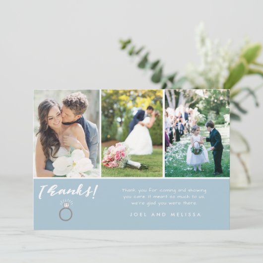 青3の写真のコラージュの結婚式は感謝していしています サンキューカード (スタンド正面)
