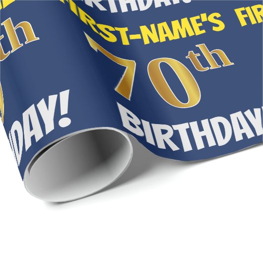 青、のどまたは模造金ゴールド、"第70誕生日" ラッピングペーパー (ロールコーナー)