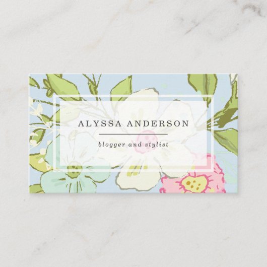 青|のトレンディーの花柄の春の庭 名刺 (正面)