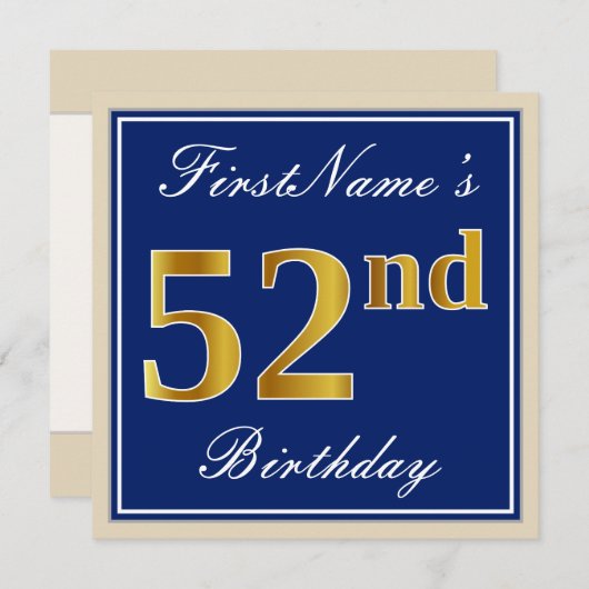 青、エレガント金ゴールド52番目フェイクの誕生日+名前 招待状 (正面/裏面)