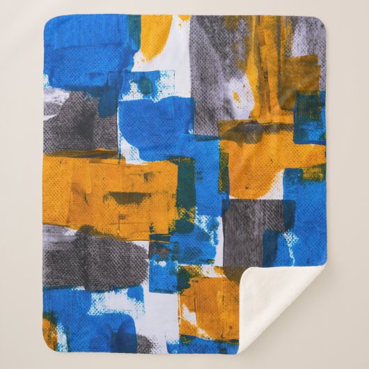 青、オレンジ、グレーの抽象芸術アート シェルパブランケット (正面)