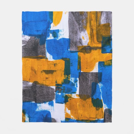 青、オレンジ、グレーの抽象芸術アート フリースブランケット (正面)