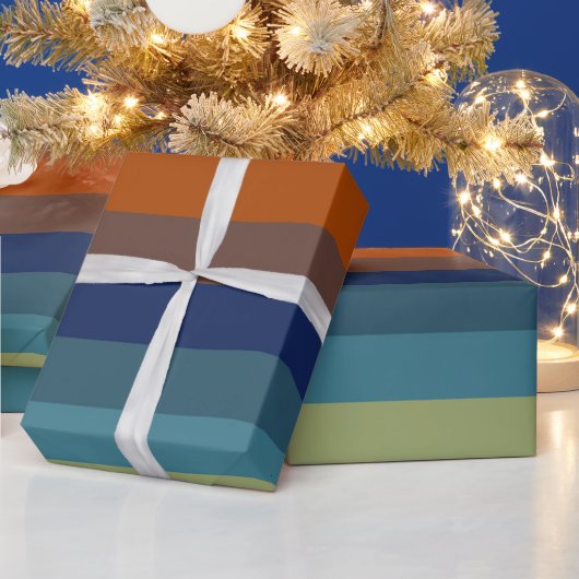 青、オレンジ、緑、グレイのストライプ ラッピングペーパー (クリスマス)