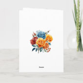 青、オレンジ、黄色、赤の花の結婚式の写真 サンキューカード (裏面)