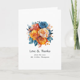 青、オレンジ、黄色、赤の花の結婚式の写真 サンキューカード