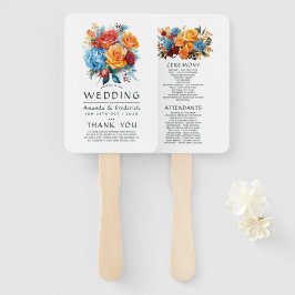 青、オレンジ、黄色、赤の花の結婚式プログラム ハンドファン