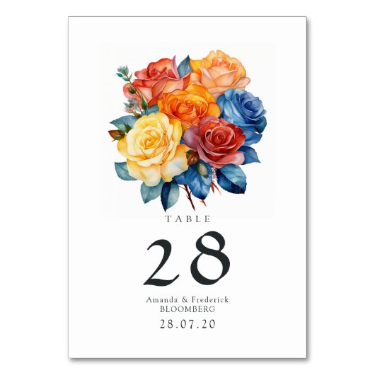 青、オレンジ、黄色、赤の花の結婚式 テーブルナンバー (正面)
