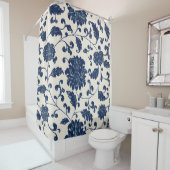 青/クリーム色の白ヴィンテージ渦巻き花模様 シャワーカーテン (インサイチュ)
