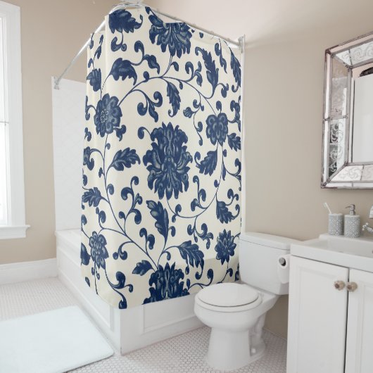 青/クリーム色の白ヴィンテージ渦巻き花模様 シャワーカーテン