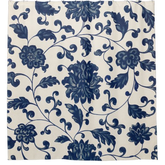 青/クリーム色の白ヴィンテージ渦巻き花模様 シャワーカーテン (正面)