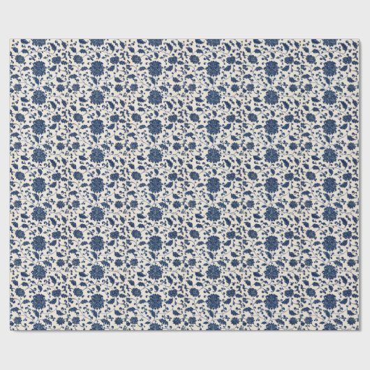 青/クリーム色の白ヴィンテージ渦巻き花模様 ラッピングペーパー (フラット)