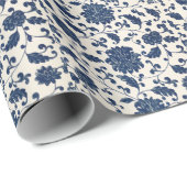 青/クリーム色の白ヴィンテージ渦巻き花模様 ラッピングペーパー (ロールコーナー)