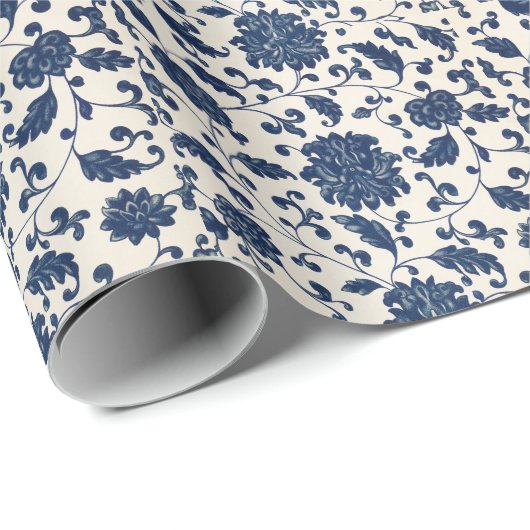 青/クリーム色の白ヴィンテージ渦巻き花模様 ラッピングペーパー (ロールコーナー)
