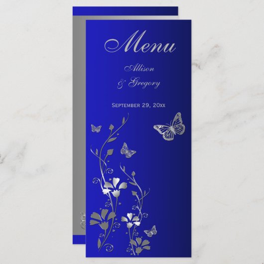 青、シルバーグレイ蝶フローラメニューカード メニュー (正面/裏面)