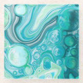 青、ターコイズの海の波と泡 ガラスコースター (正面)