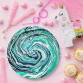 青、ティール（緑がかった色）、ターコイズ、白の渦巻き大理石アート ペーパープレート (パーティー)