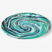 青、ティール（緑がかった色）、ターコイズ、白の渦巻き大理石アート ペーパープレート (アングル)