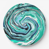 青、ティール（緑がかった色）、ターコイズ、白の渦巻き大理石アート ペーパープレート (正面)