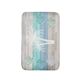 青、ティール(緑がかった色)、白のビーチ材/貝殻 バスマット (正面縦)