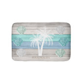 青、ティール(緑がかった色)、白のビーチ材/貝殻 バスマット (正面)