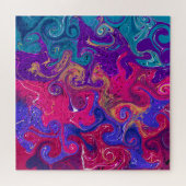 青、ティール(緑がかった色)、紫の渦巻き流体アート大理石 ジグソーパズル (横)
