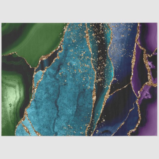 青/ティール（緑がかった色）/紫アゲート付き/金ゴールドグリッター静脈 薄葉紙 (正面)