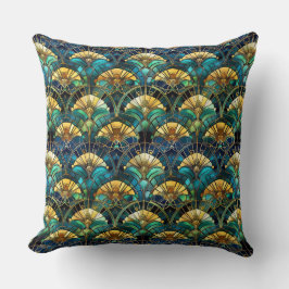 青、ティール（緑がかった色）、金ゴールド孔雀ステンドグラス クッション