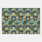 青、ティール(緑がかった色)、金ゴールド孔雀ステンドグラス ラッピングペーパーシート (正面2)