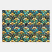 青、ティール(緑がかった色)、金ゴールド孔雀ステンドグラス ラッピングペーパーシート (正面)