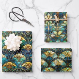 青、ティール（緑がかった色）、金ゴールド孔雀ステンドグラス ラッピングペーパーシート